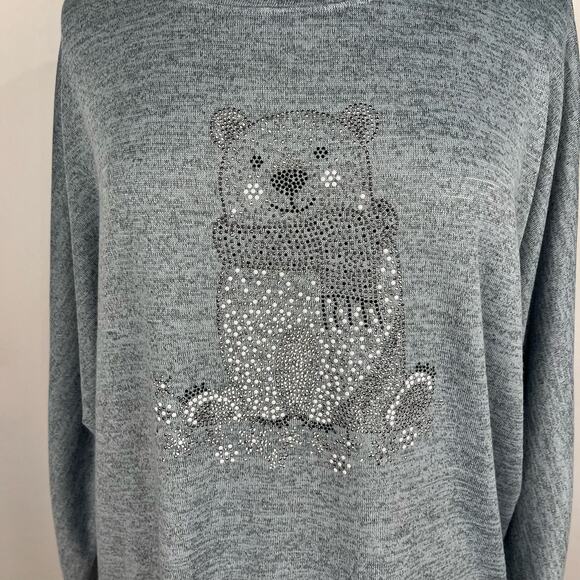 ONE WORLD | Gray/Blue Rhinestone Polar Bear Comfy Sweatshirt | Women's Large - Picture 2 of 9